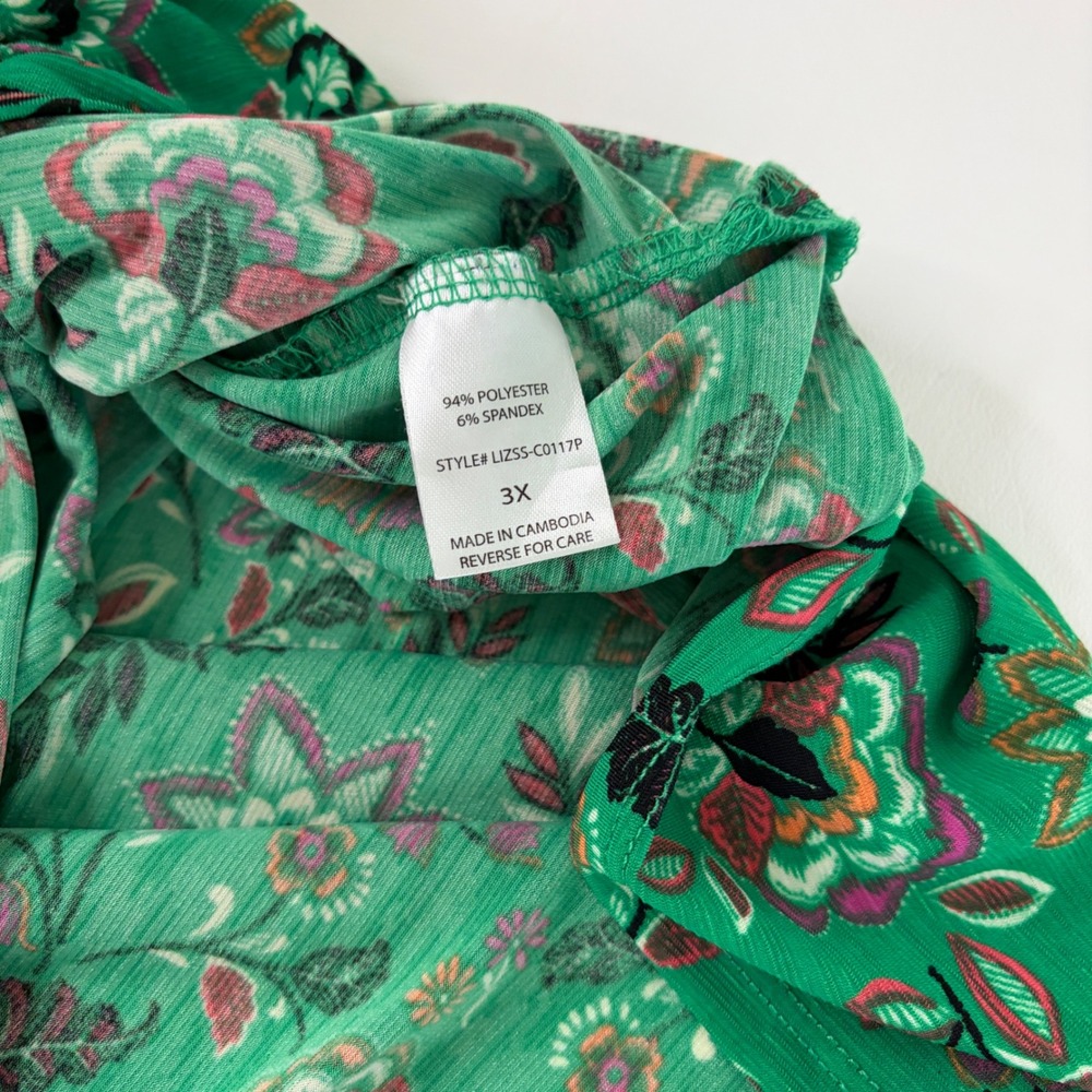 Dear Scarlett Floral Blouse Women 3X Green Roll Tab Sleeve V-Neck - Picture 7 of 9
